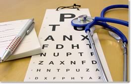 Image of Doctor's Stethescope, Eye Chart, and Prescription Pad and Pen